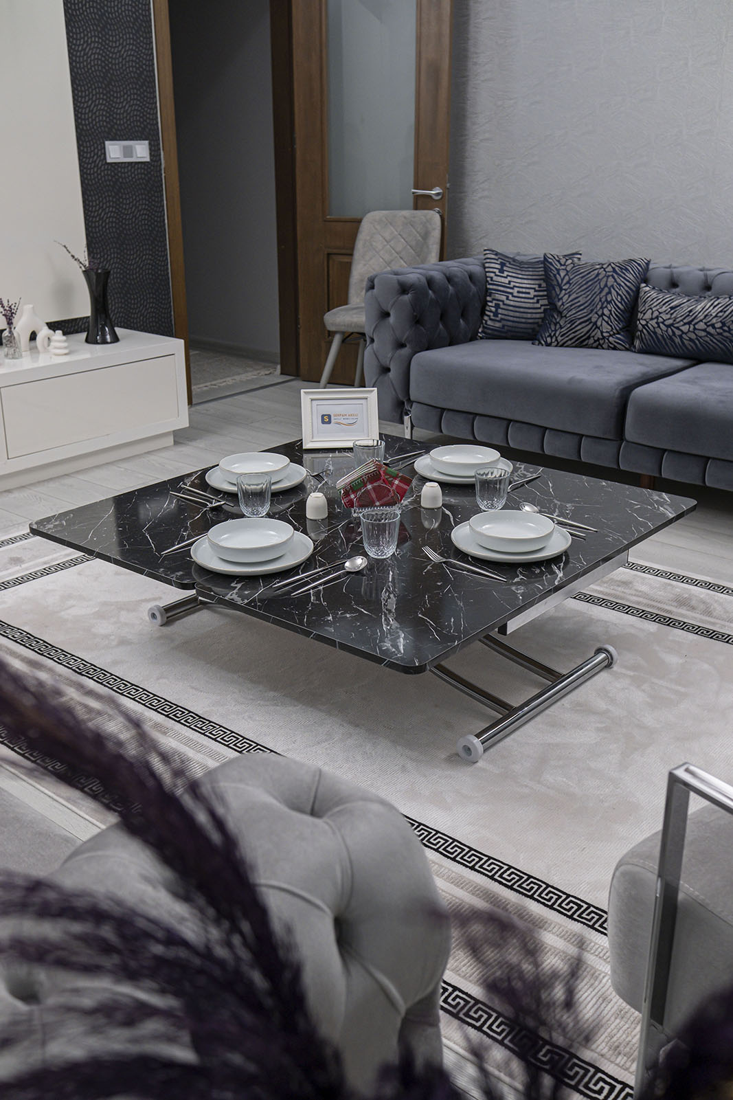 Juppo Smart Coffee Table – Black Marble MDF Top & Chrome Metal Leg