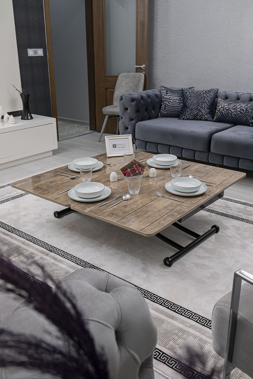 Juppo Smart Coffee Table - Antiklayt MDF Top & Black Metal Legs