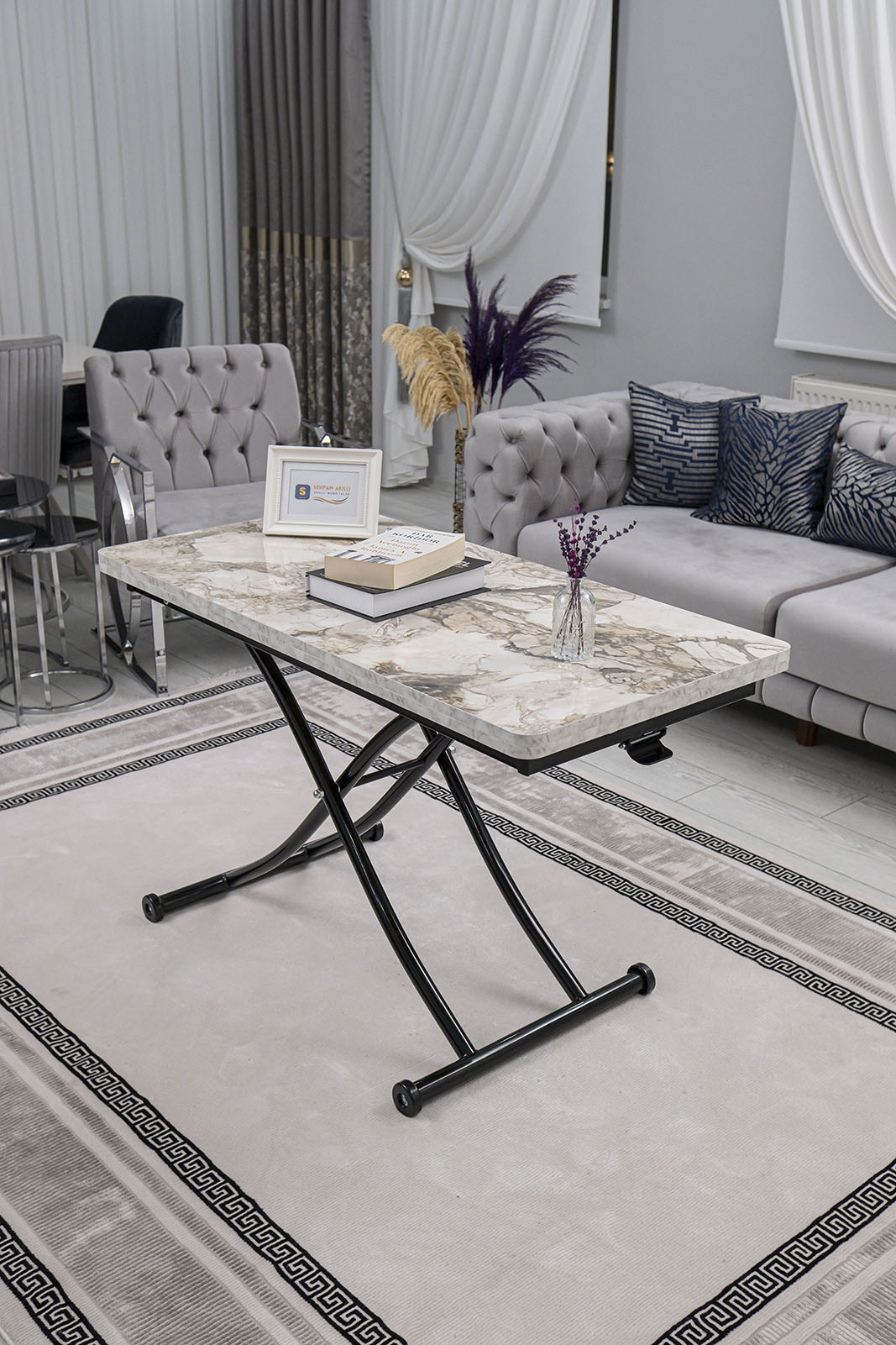 Juppo Smart Coffee Table – White Marble MDF Top & Black Metal Legs