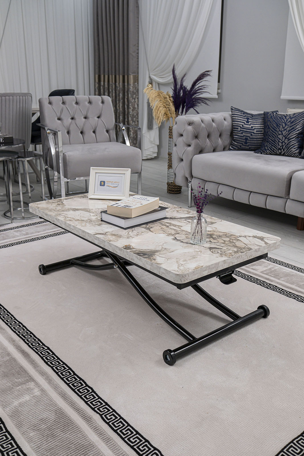Juppo Smart Coffee Table – White Marble MDF Top & Black Metal Legs