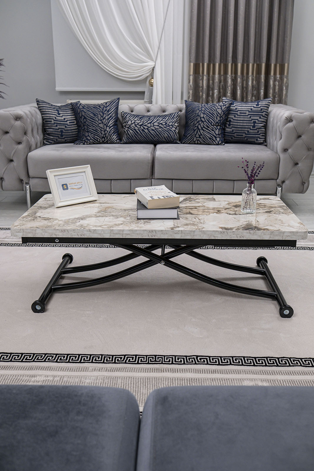 Juppo Smart Coffee Table – White Marble MDF Top & Black Metal Legs