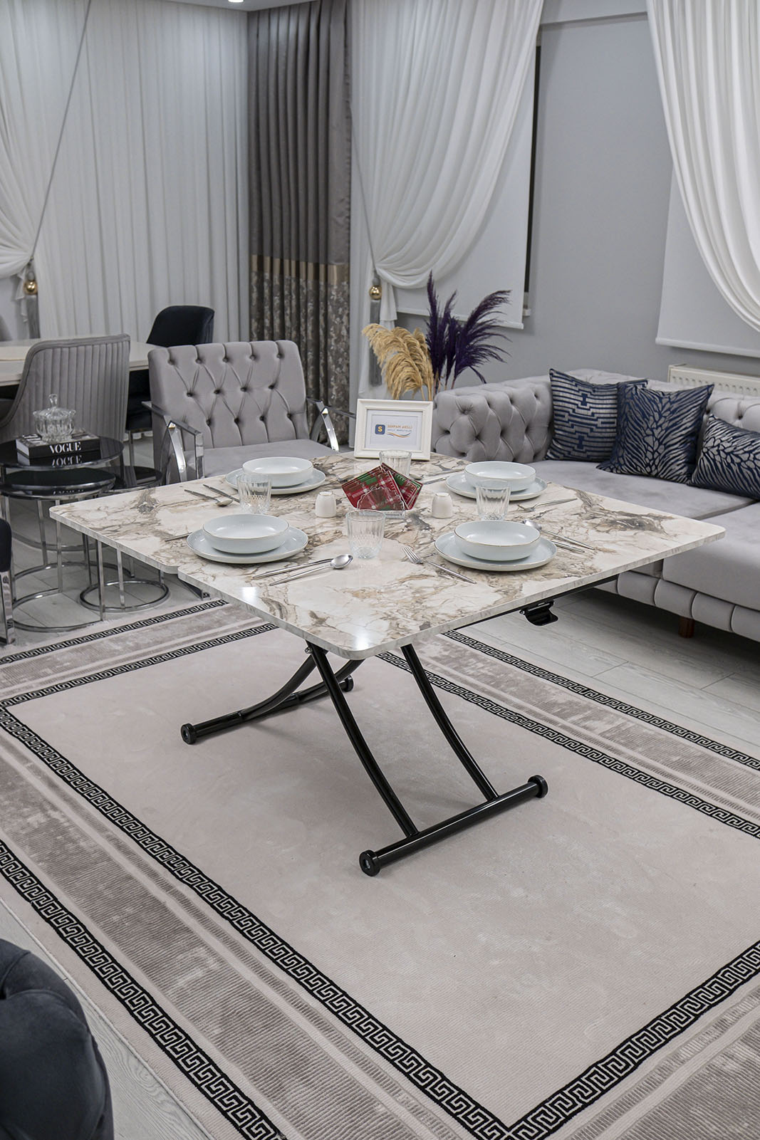Juppo Smart Coffee Table – White Marble MDF Top & Black Metal Legs