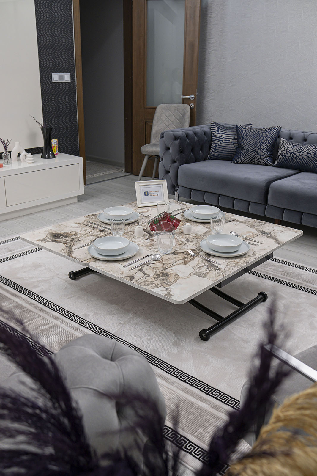 Juppo Smart Coffee Table – White Marble MDF Top & Black Metal Legs