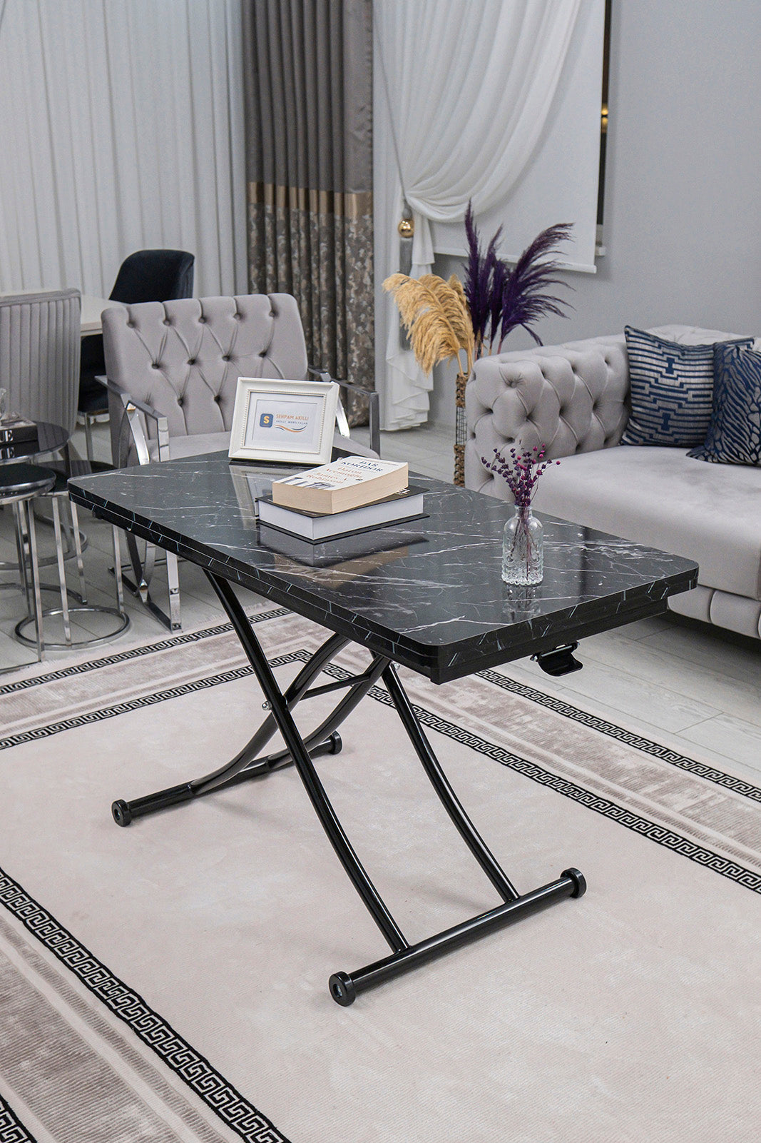 Juppo Smart Coffee Table – Black Marble MDF Top & Black Metal Leg