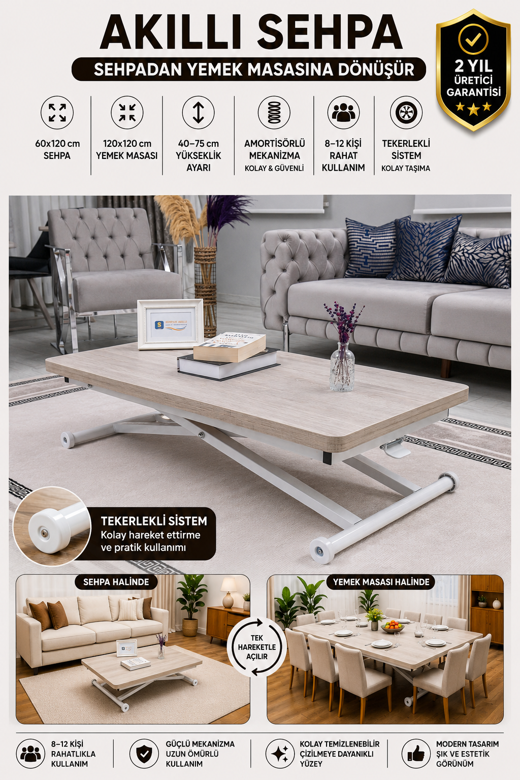 Home Smart Coffee Table – Lisbon MDF Top & White Metal Legs