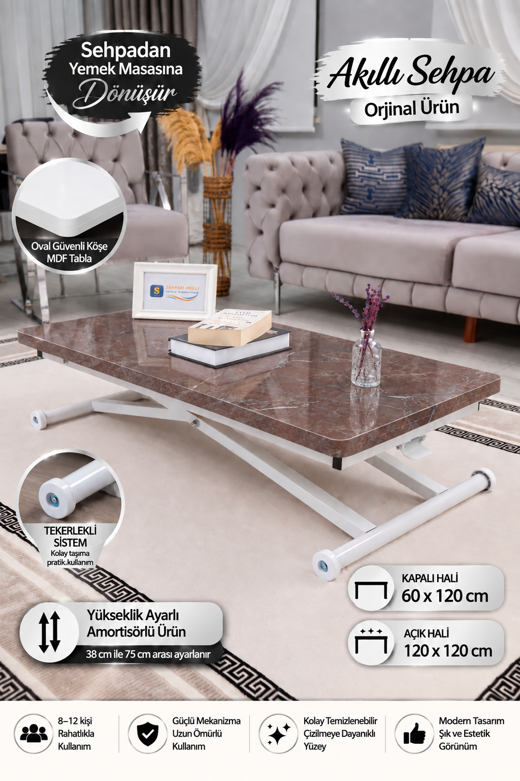 Home Akıllı Sehpa – VişneMermer MDF Üst & Beyaz Metal Ayak