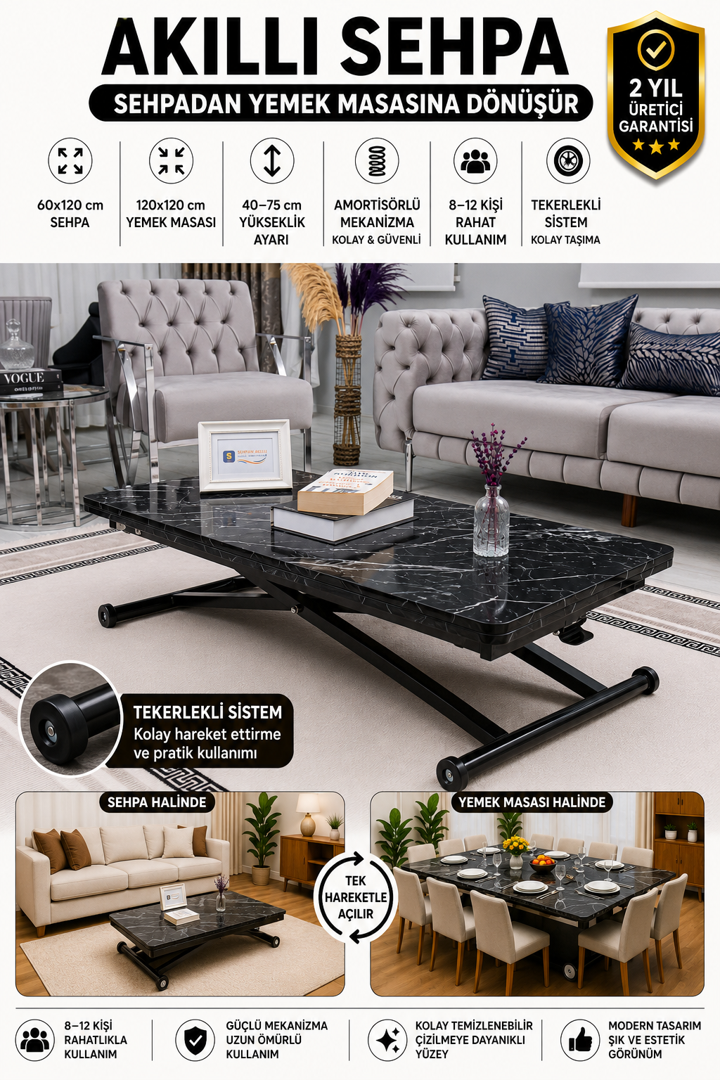 Home Smart Coffee Table – Black Marble MDF Top & Black Metal Leg