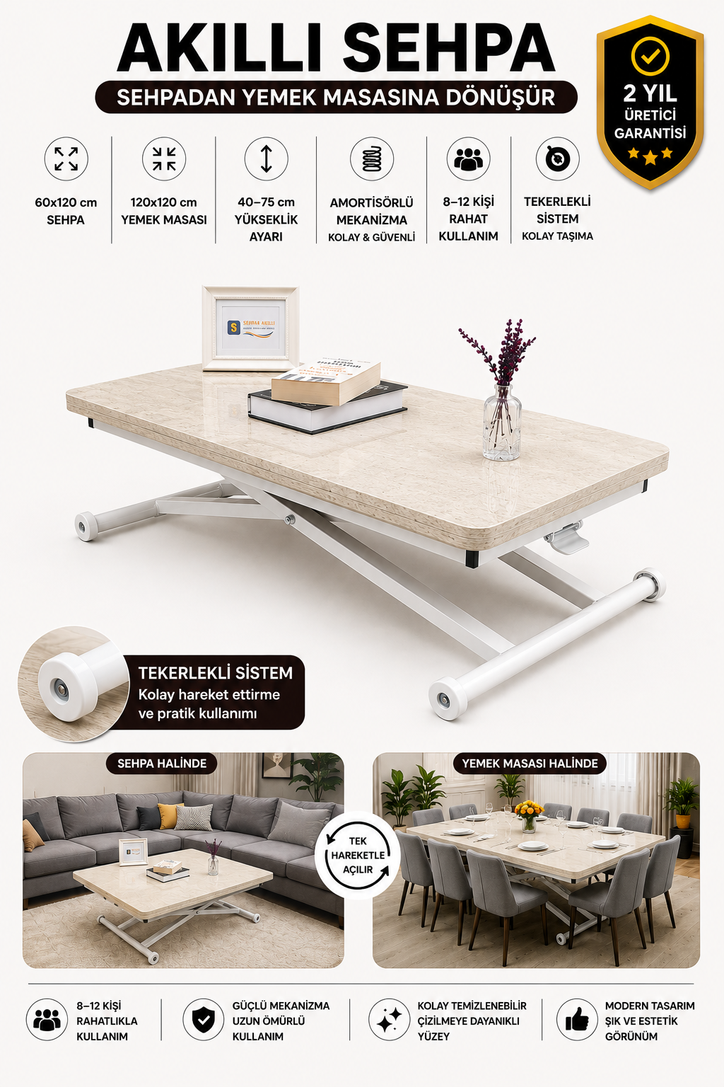 Home Smart Coffee Table – Travertine MDF Top & White Metal Legs