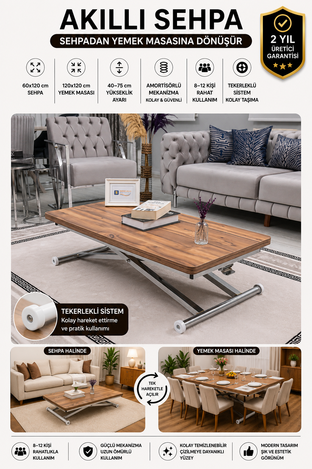 Home Akıllı Sehpa – Urartu MDF Üst & Krom Kaplama Metal Ayak