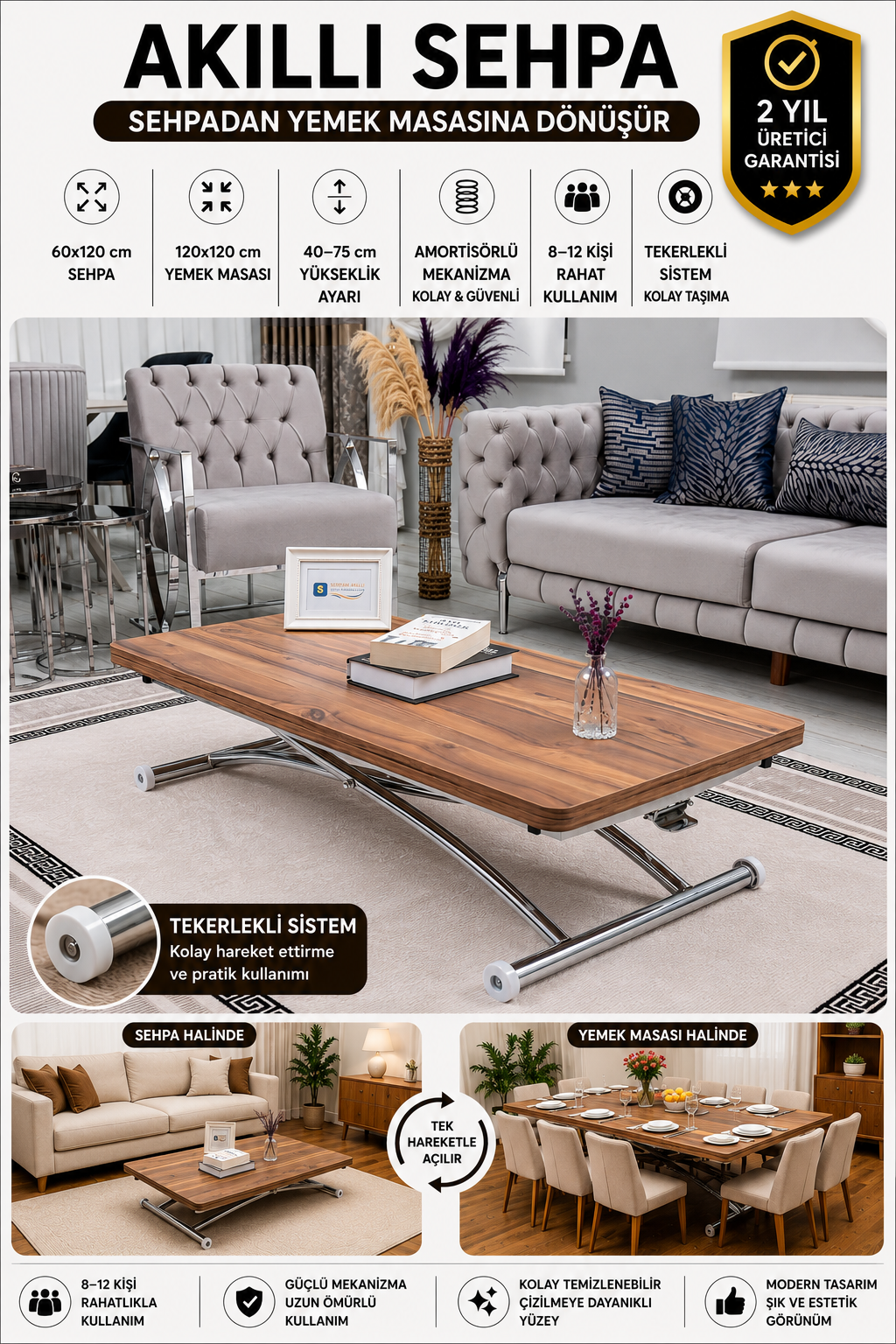Juppo Smart Coffee Table – White MDF Top & Chrome Outward Curved Metal Leg