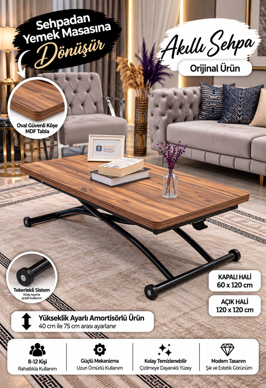 Juppo Smart Coffee Table - Antiquelight MDF Top & Black Outward Curving Metal Legs