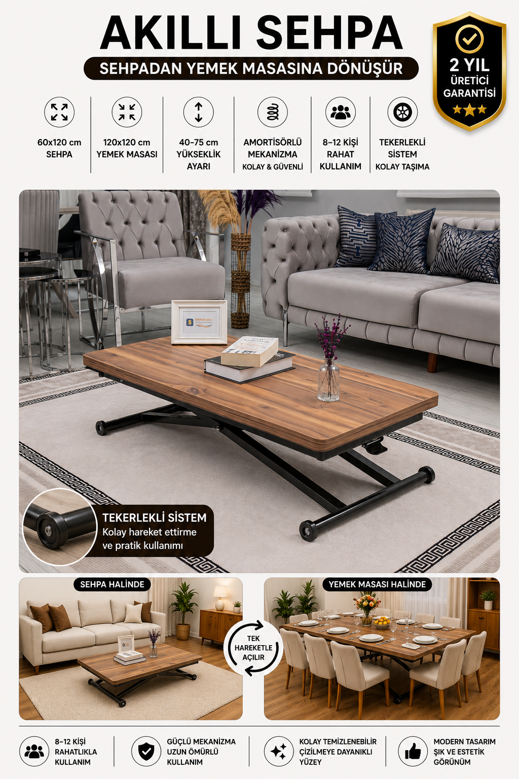 Home Smart Coffee Table – Antique Light MDF Top & Black Metal Legs