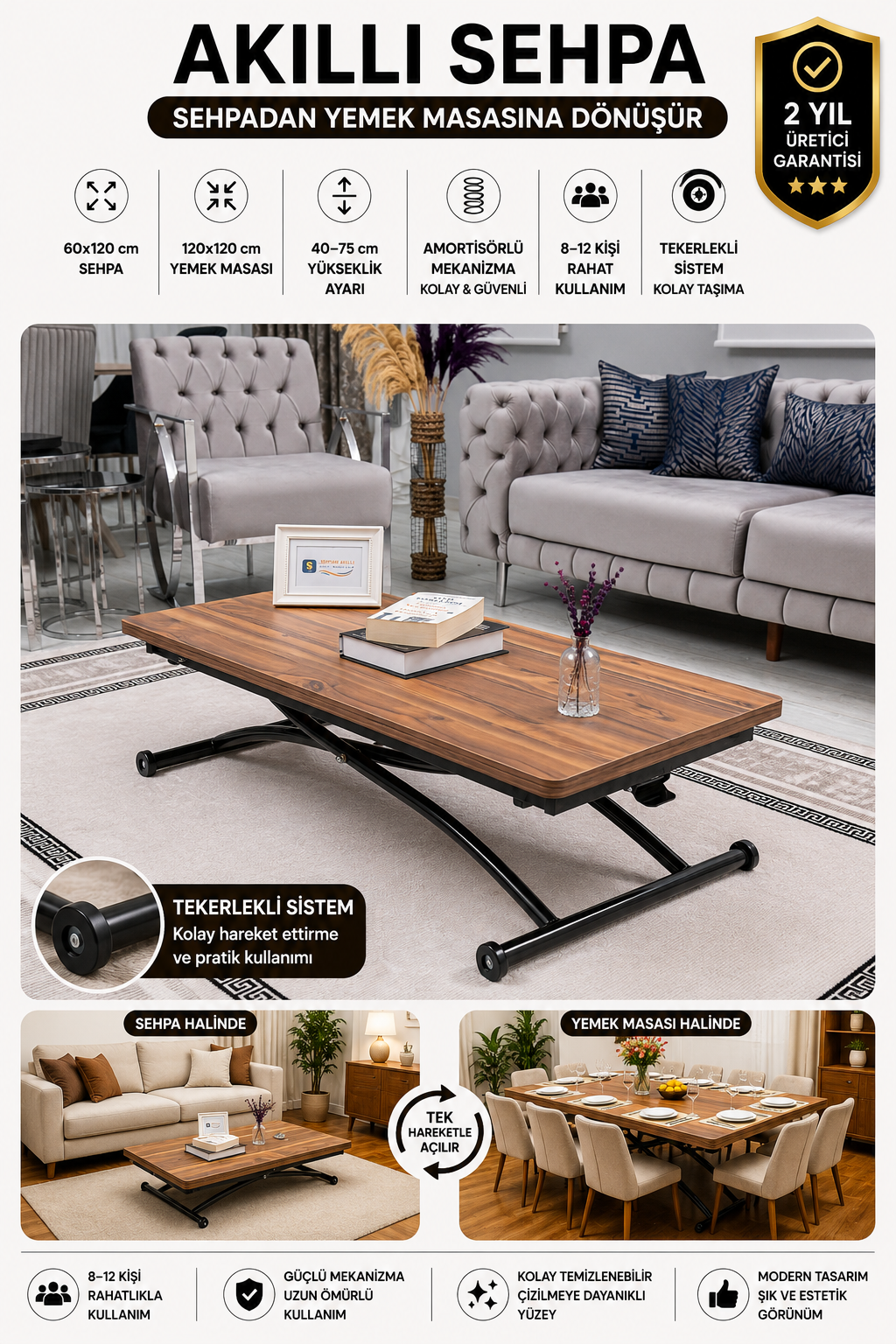 Juppo Smart Coffee Table - Antiquelight MDF Top & Black Outward Curving Metal Legs