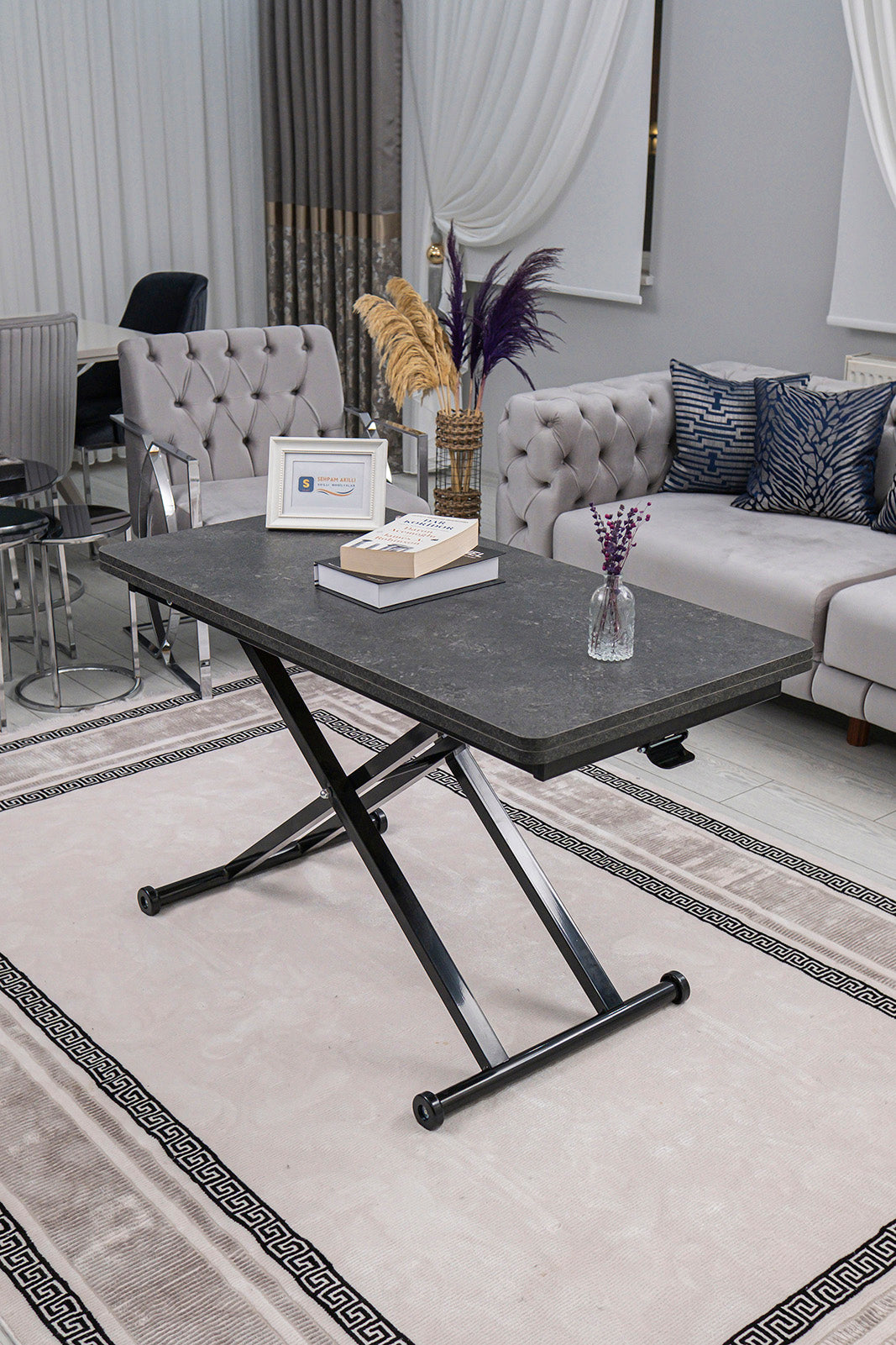 Home Smart Coffee Table – Grooved Anthracite MDF Top & Black Metal Legs