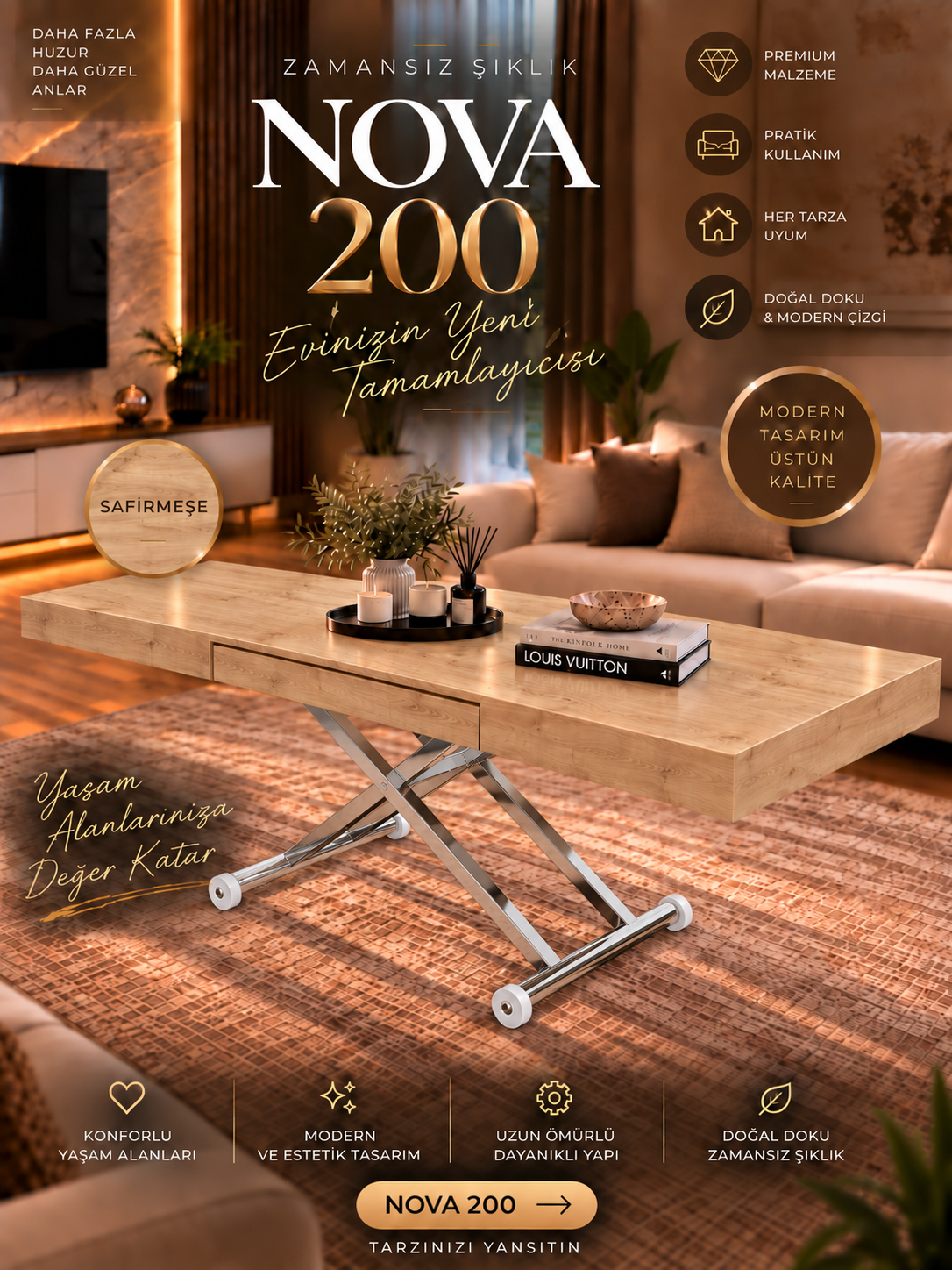 Oval Side-Opening Smart Table | Travertine MDF & Black
