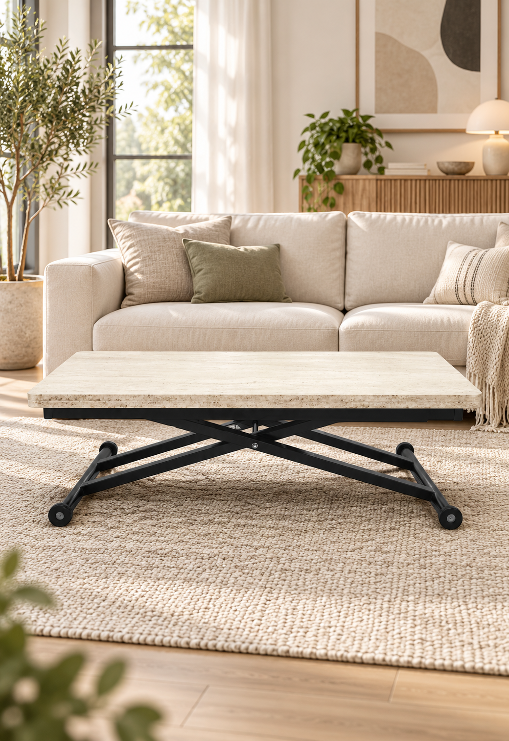 Home Akıllı Sehpa – Traverten MDF Üst & Siyah Metal Ayak