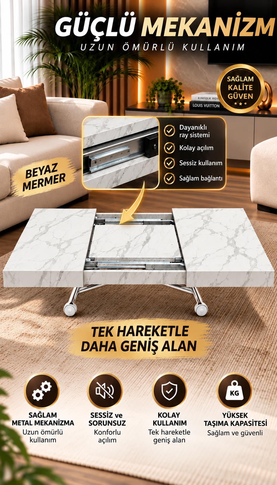 Oval Side-Opening Smart Table | Travertine MDF & Black