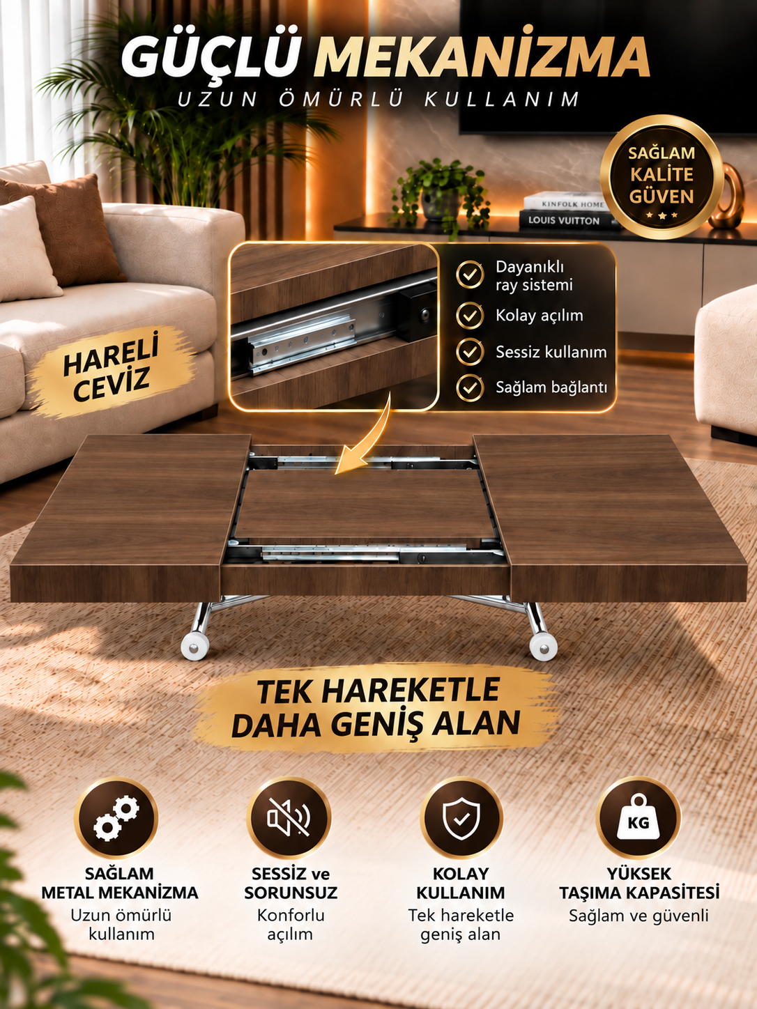 Oval Side-Opening Smart Table | Travertine MDF & Black