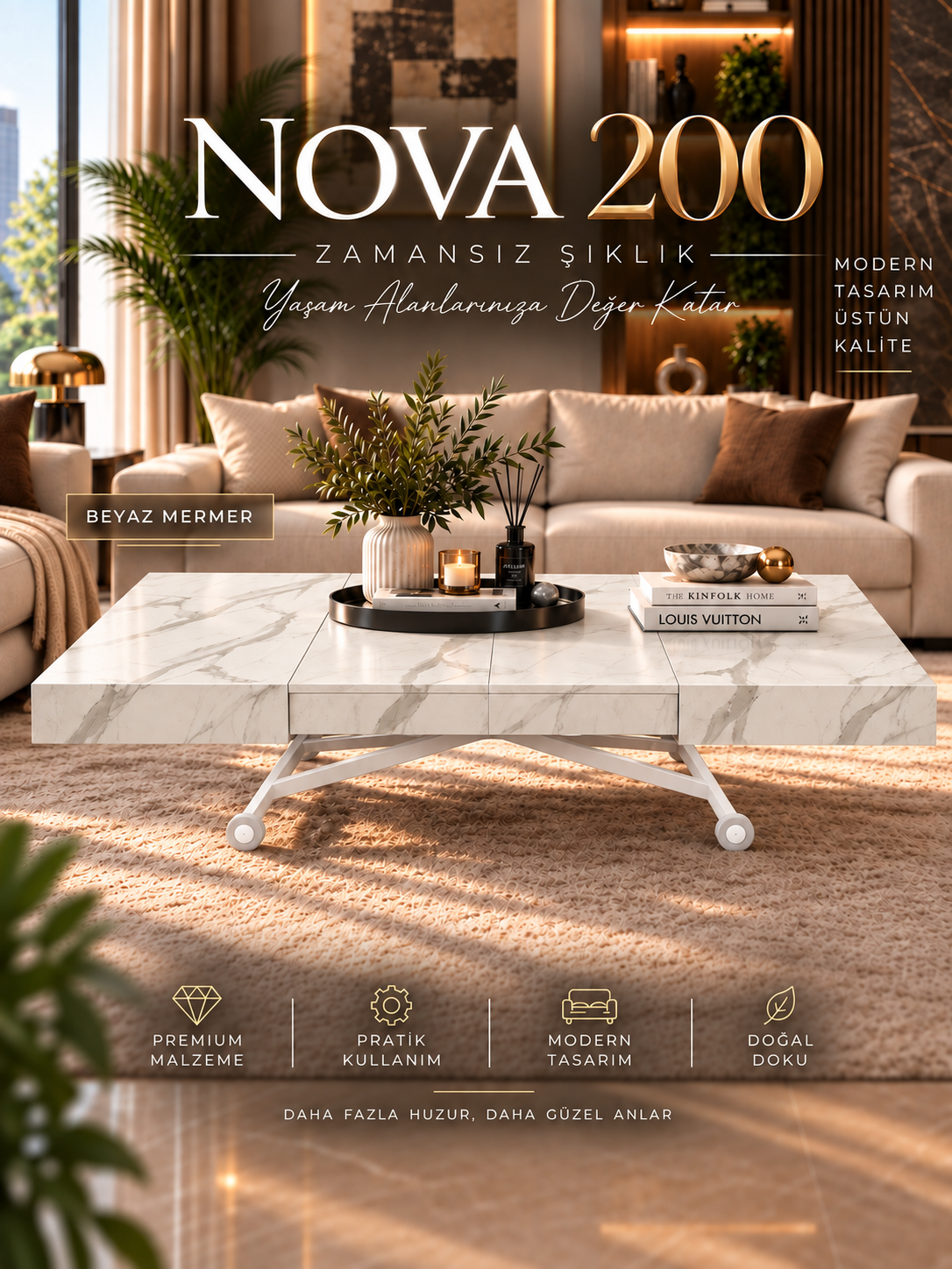 Oval Side-Opening Smart Table | Travertine MDF & Black