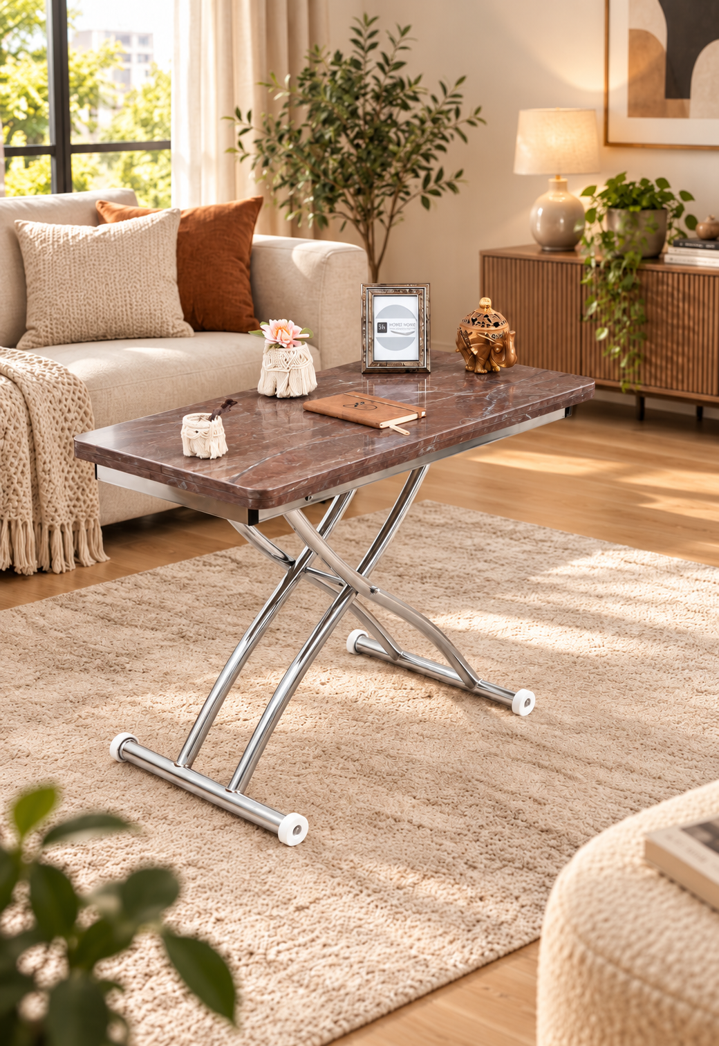 Mini Juppo Smart Coffee Table – Antique Light MDF Top & Chrome-Plated Outwardly Curved Leg