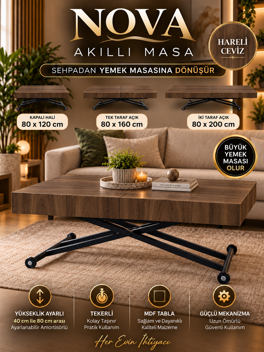 Oval Side-Opening Smart Table | Travertine MDF & Black