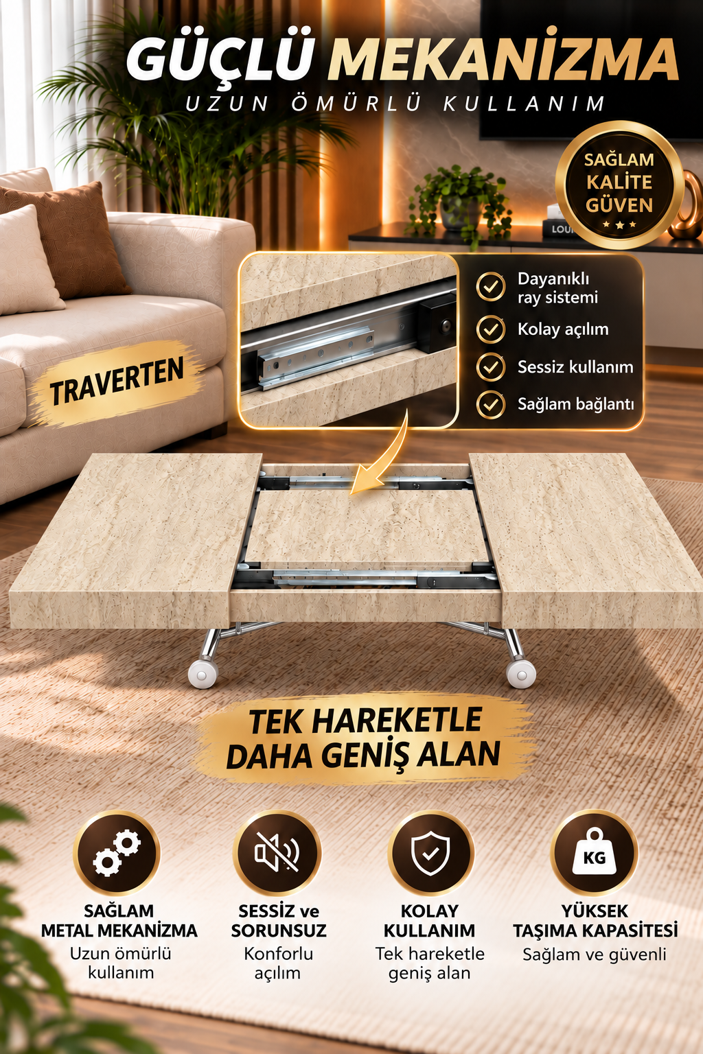 Oval Side-Opening Smart Table | Travertine MDF & Black