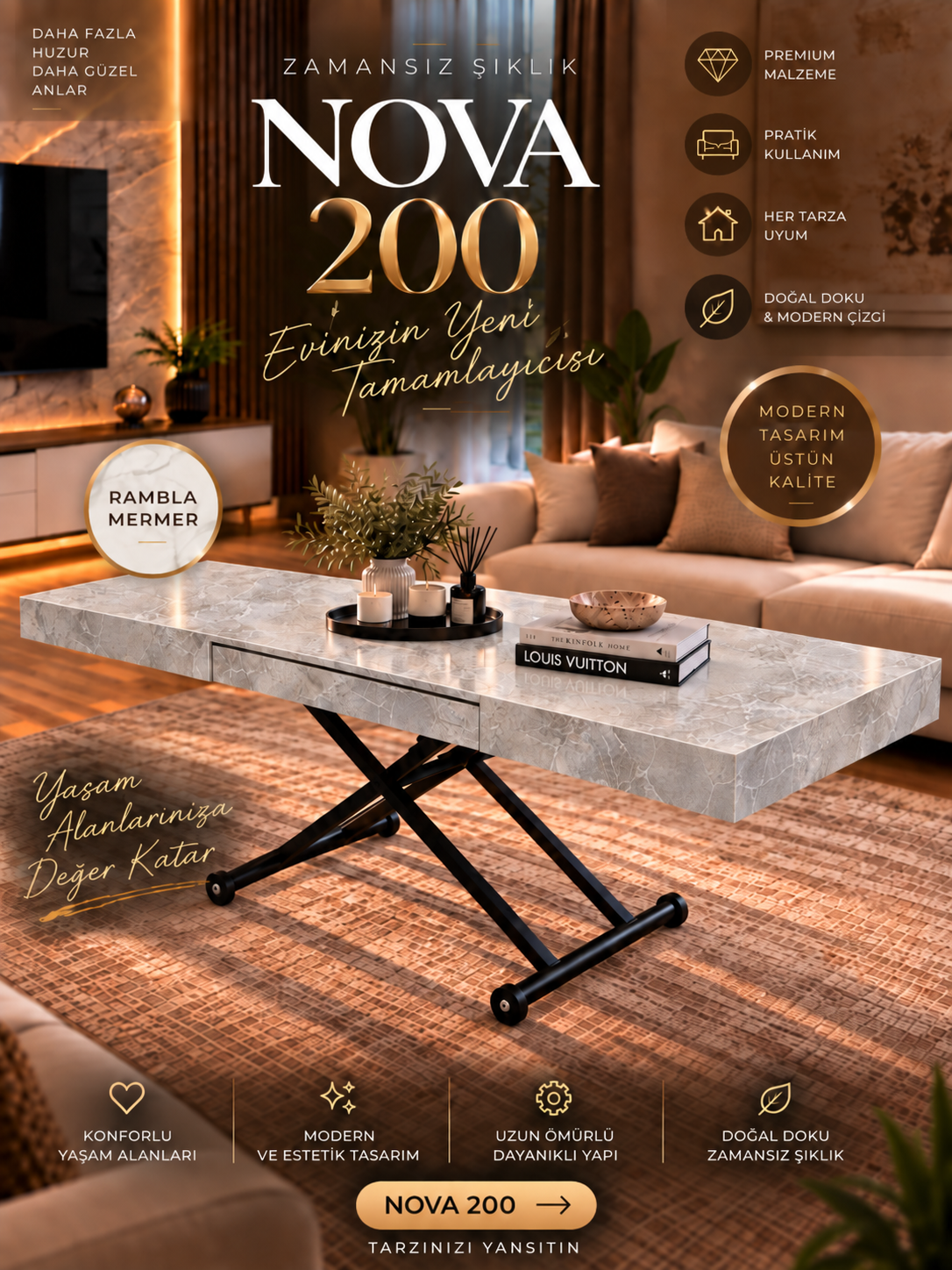 Oval Side-Opening Smart Table | Travertine MDF & Black