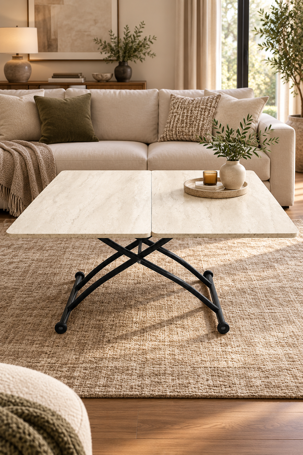 Juppo Smart Coffee Table – Travertine MDF Top & Black Outward-Curved Metal Legs