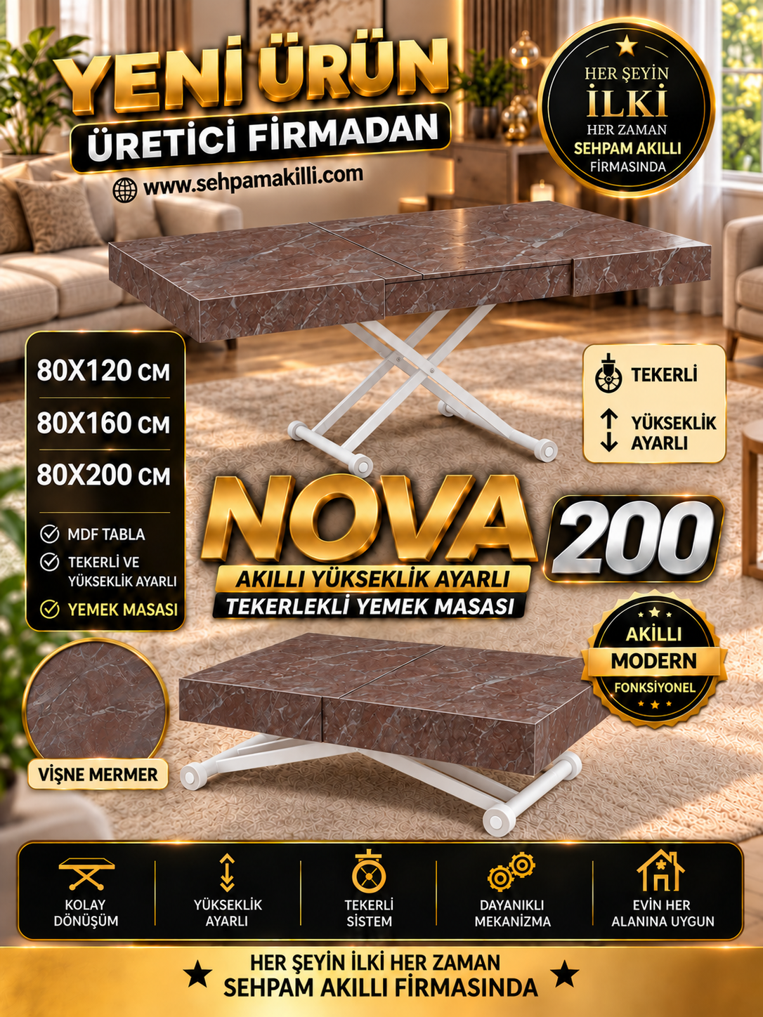 Oval Side-Opening Smart Table | Travertine MDF & Black