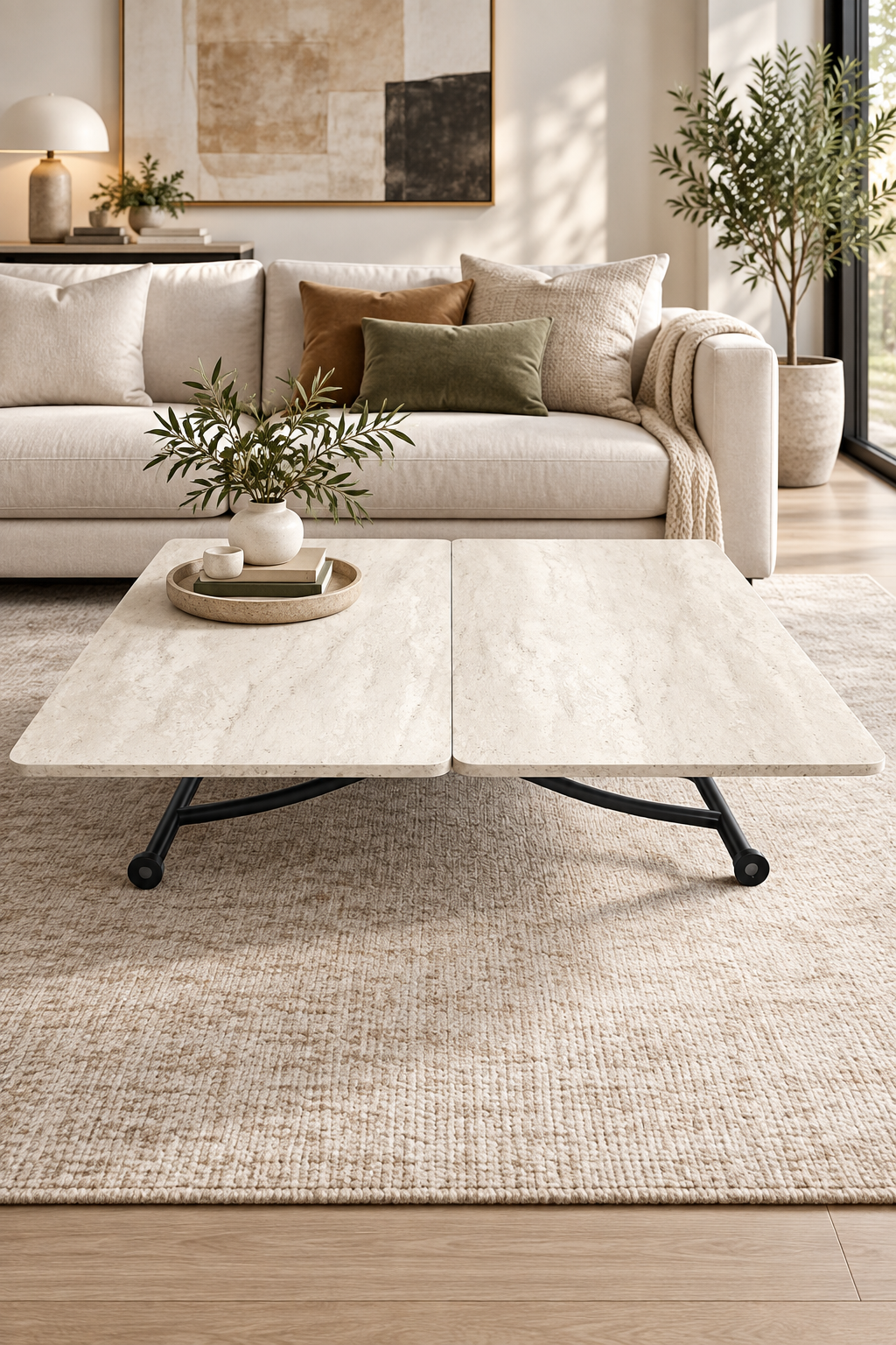 Juppo Smart Coffee Table – Travertine MDF Top & Black Metal Legs