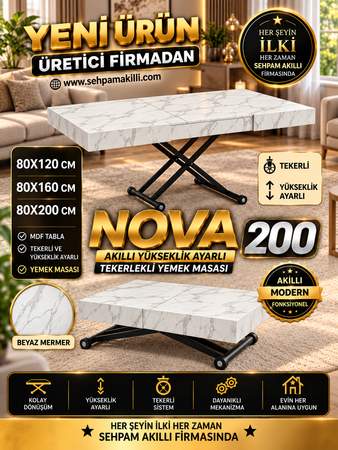 Oval Side-Opening Smart Table | Travertine MDF & Black