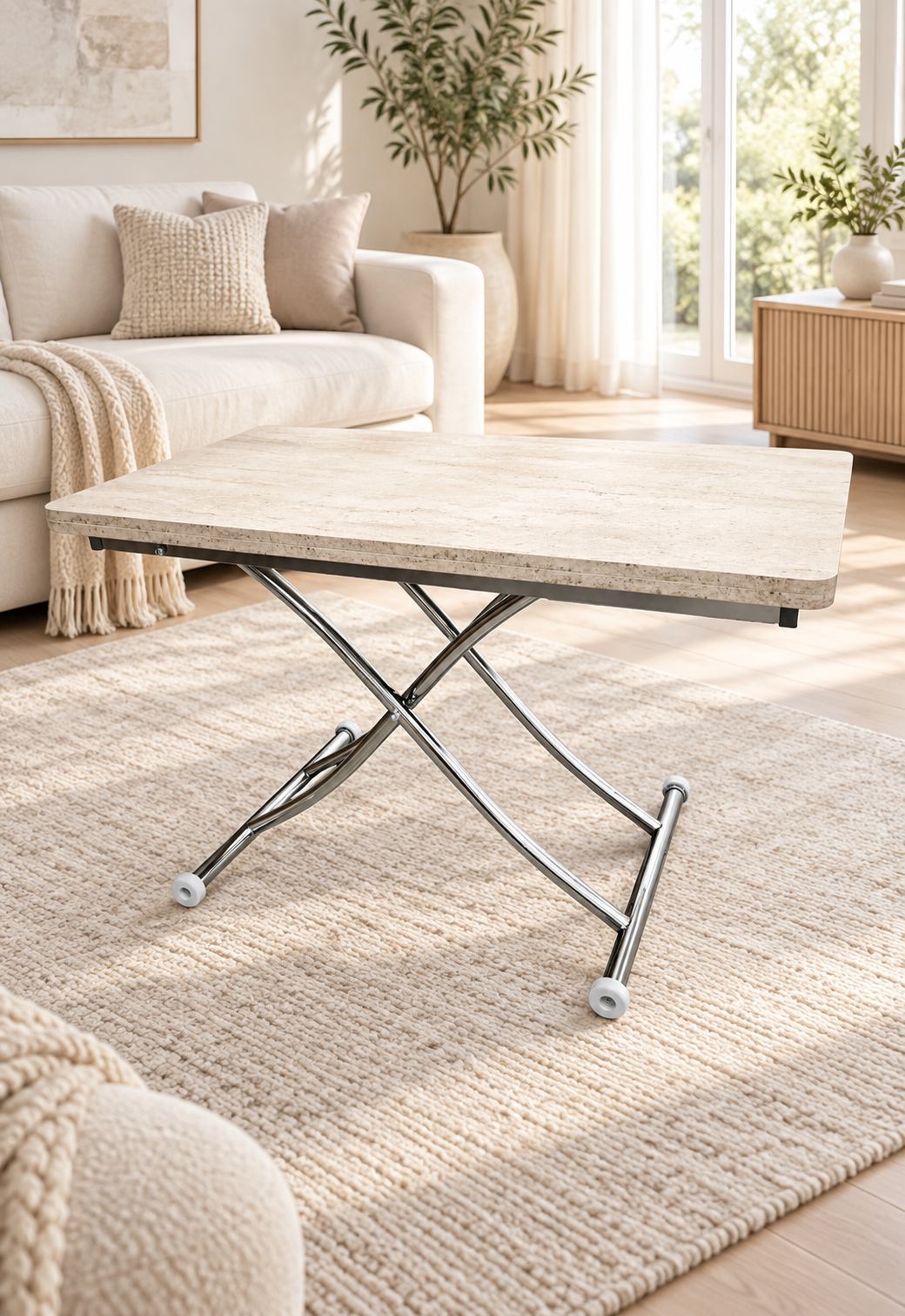 Juppo Smart Coffee Table – Travertine MDF Top & Chrome Metal Legs