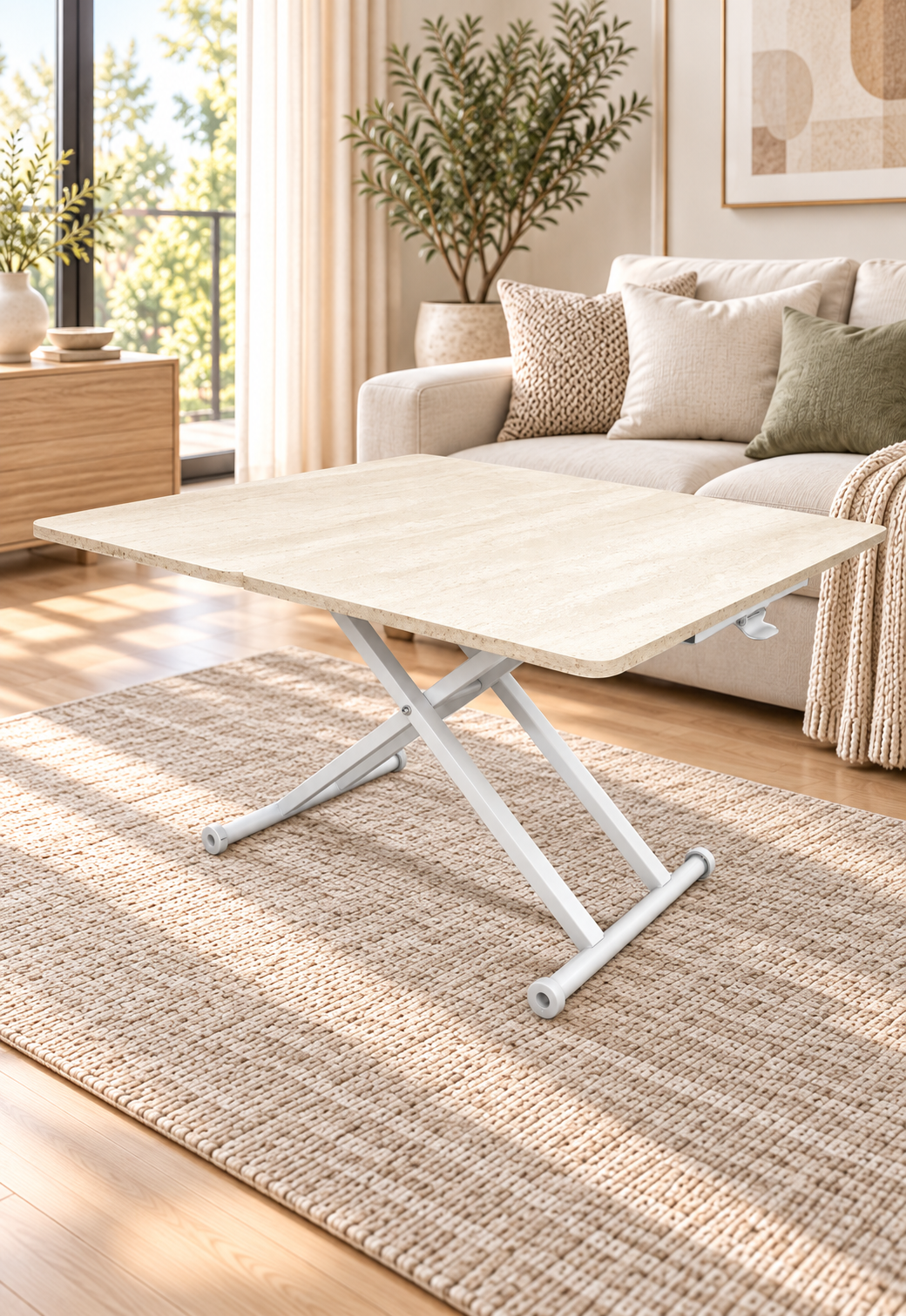 Home Akıllı Sehpa – Traverten MDF Üst & Beyaz Metal Ayak