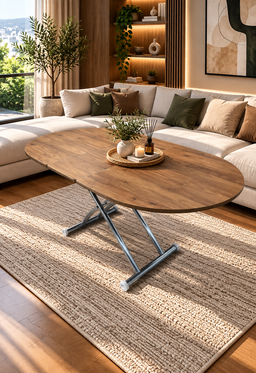 Oval Smart Table with Center Opening | Walnut MDF & Chrome