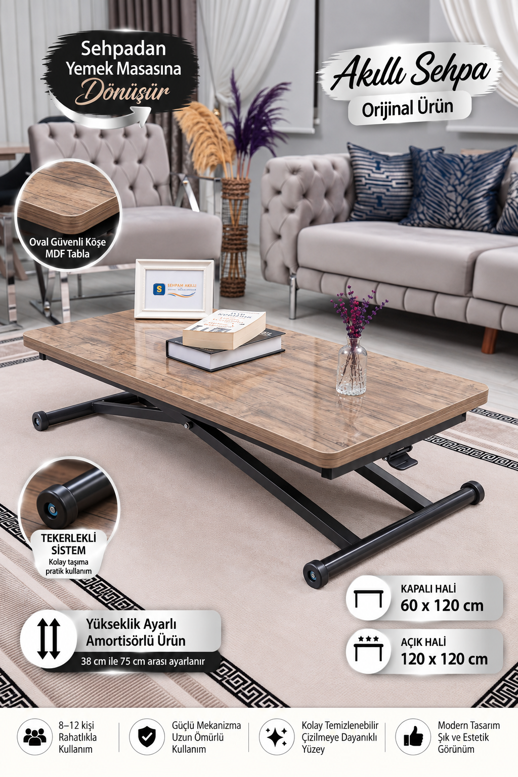 Home Smart Coffee Table – Antique Light MDF Top & Black Metal Legs