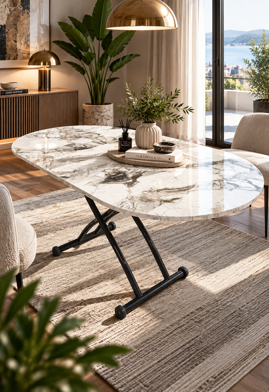 Center Opening Oval Smart Table | White Marble MDF & Black