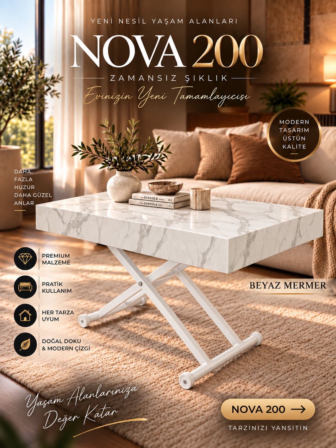 Oval Side-Opening Smart Table | Travertine MDF & Black