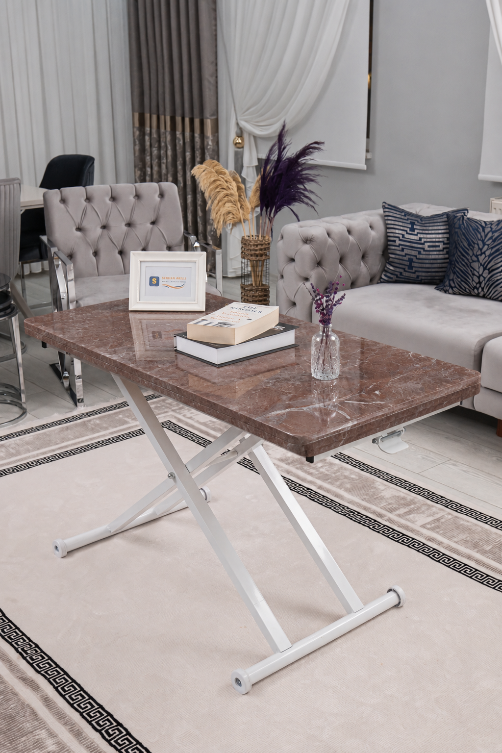 Home Akıllı Sehpa – VişneMermer MDF Üst & Beyaz Metal Ayak
