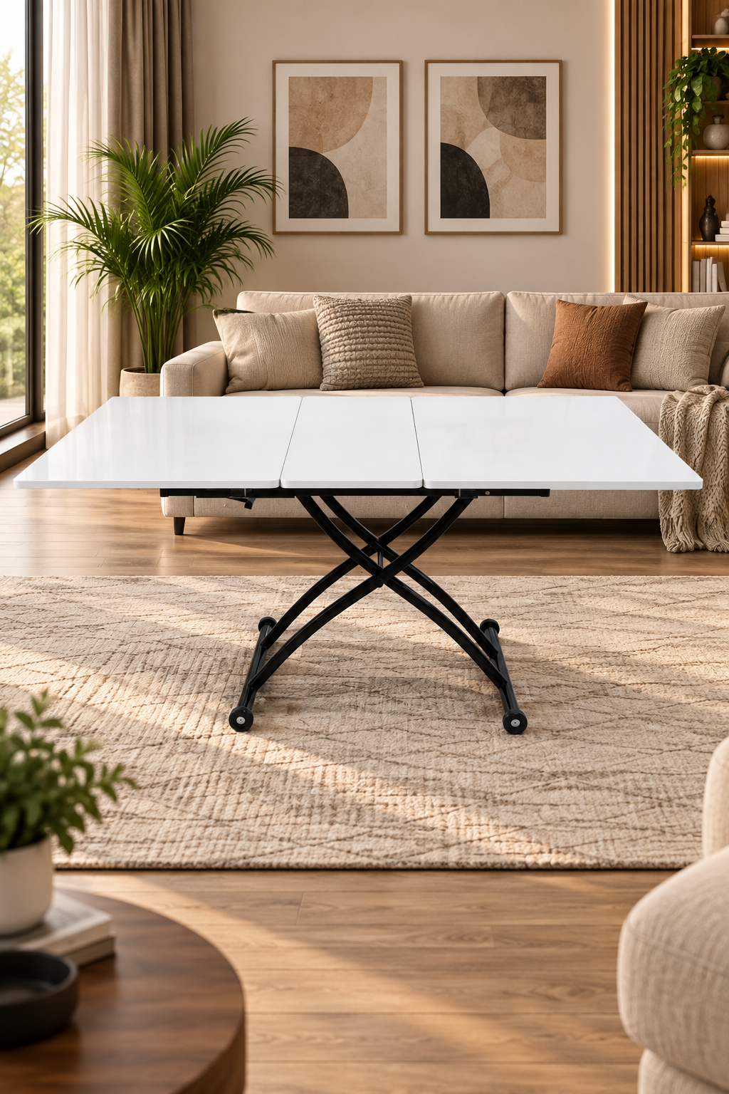 Center Opening Square Smart Table | White Marble MDF & Black