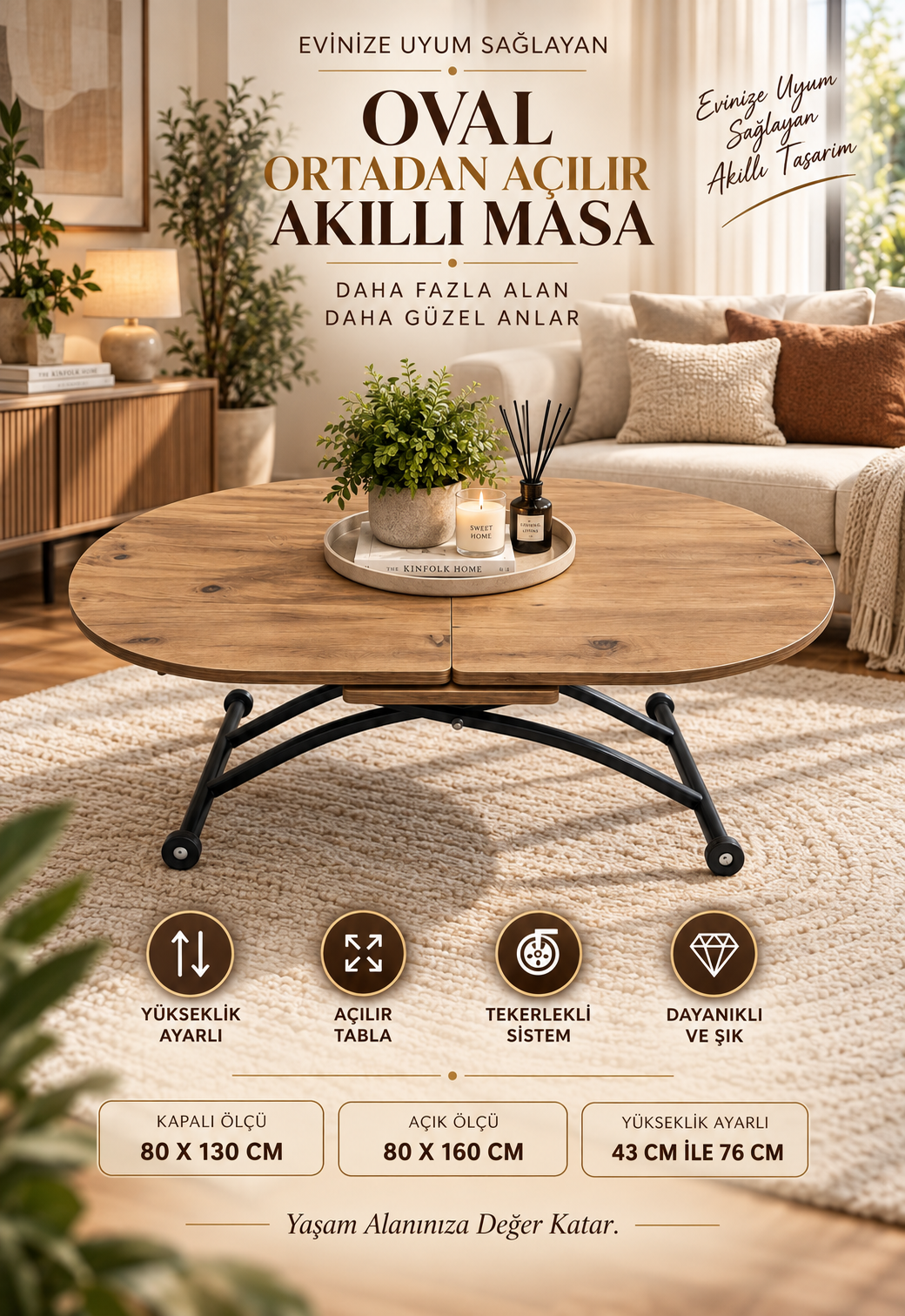 Oval Smart Table with Extension | EfesCam MDF & Black