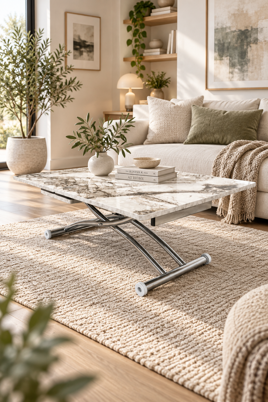 Square Smart Table with Central Opening | White Marble MDF & Chrome