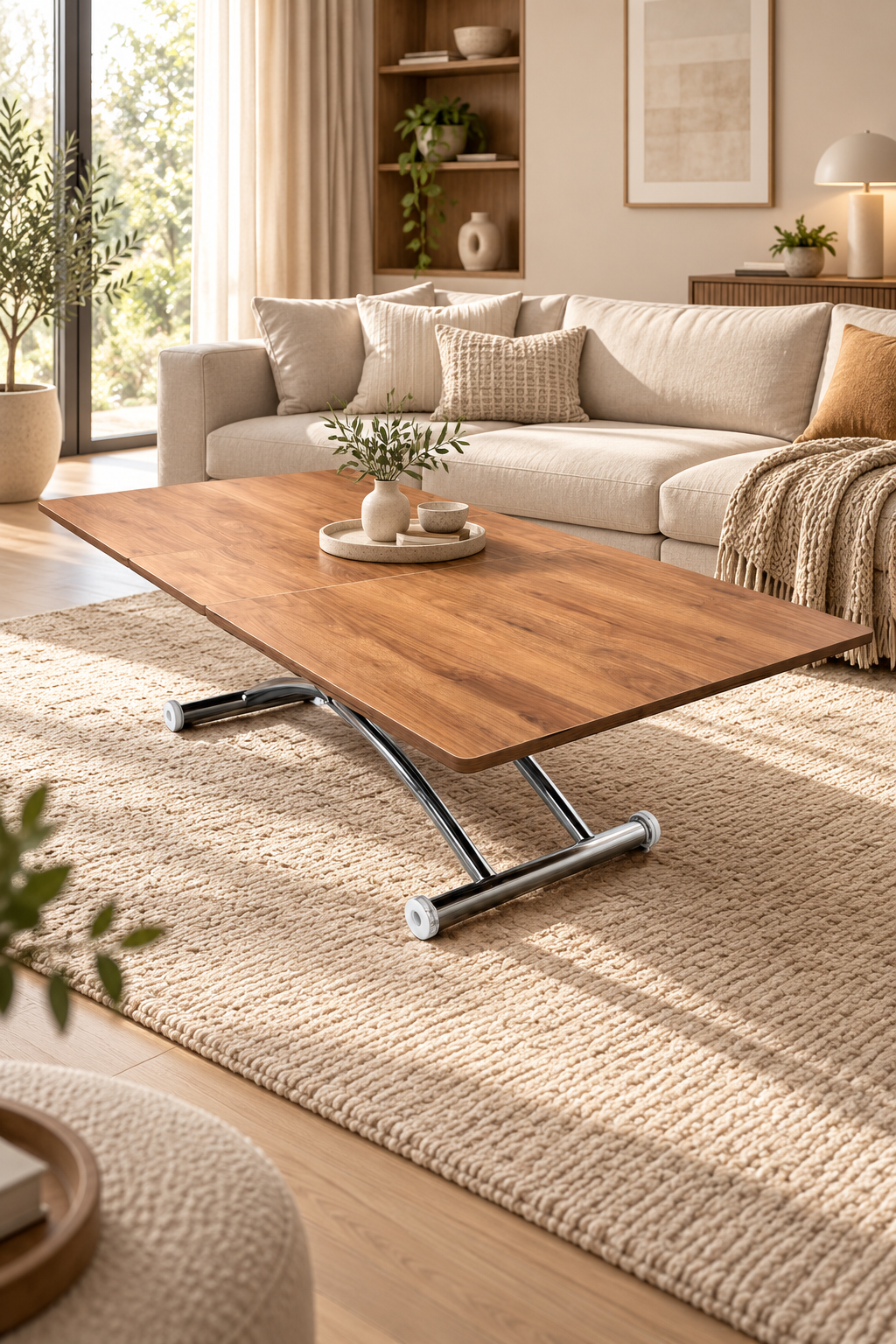 Mid-Openable Square Smart Table | Walnut MDF & Chrome