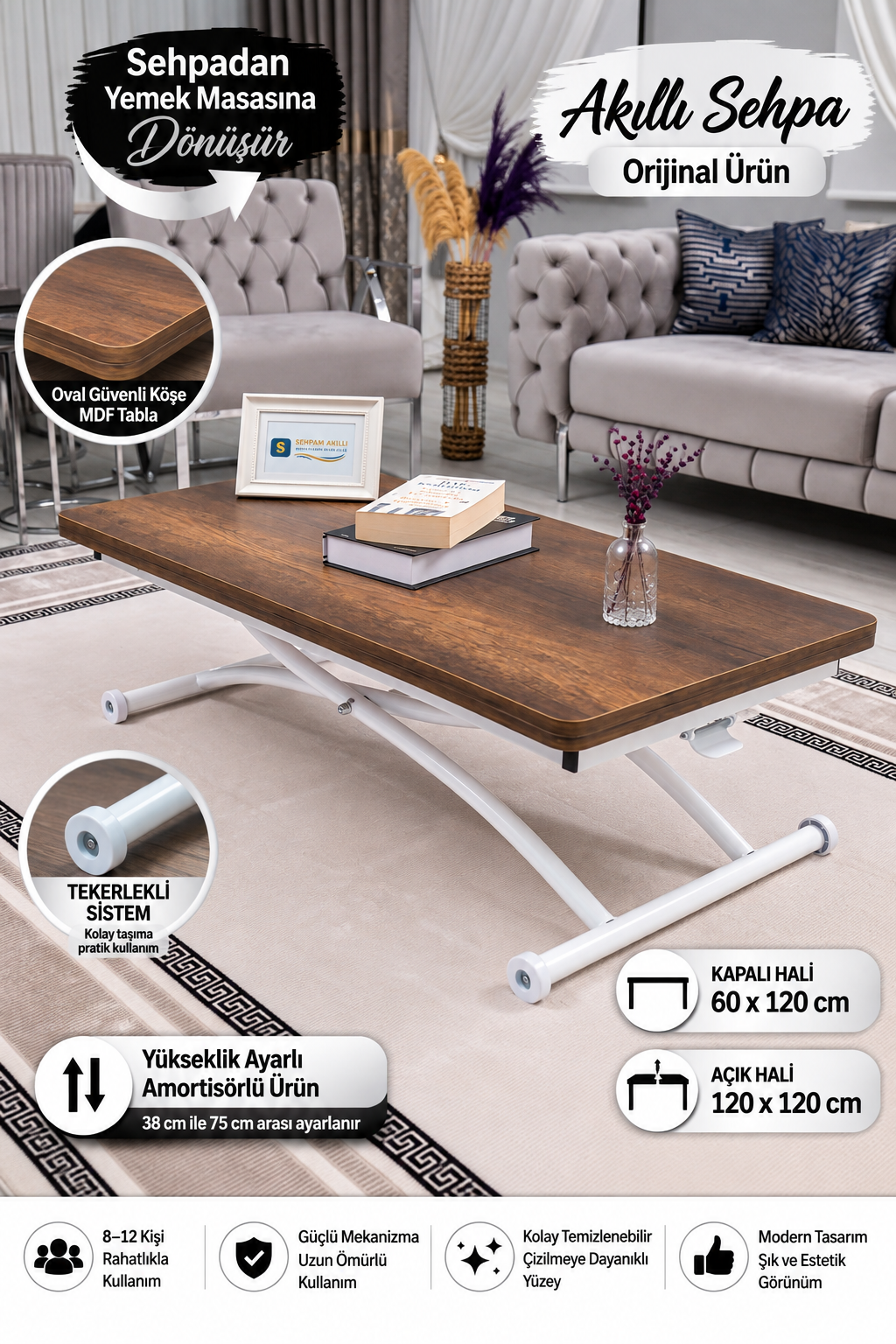 Juppo Akıllı Sehpa – Barok Koyu Ceviz MDF Üst & Beyaz Dışa Kıvrım Metal Ayak