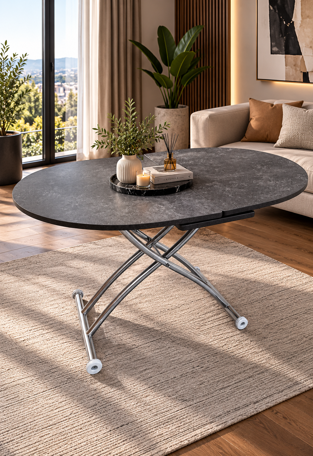 Extendable Oval Smart Table | Routered Anthracite MDF & Chrome