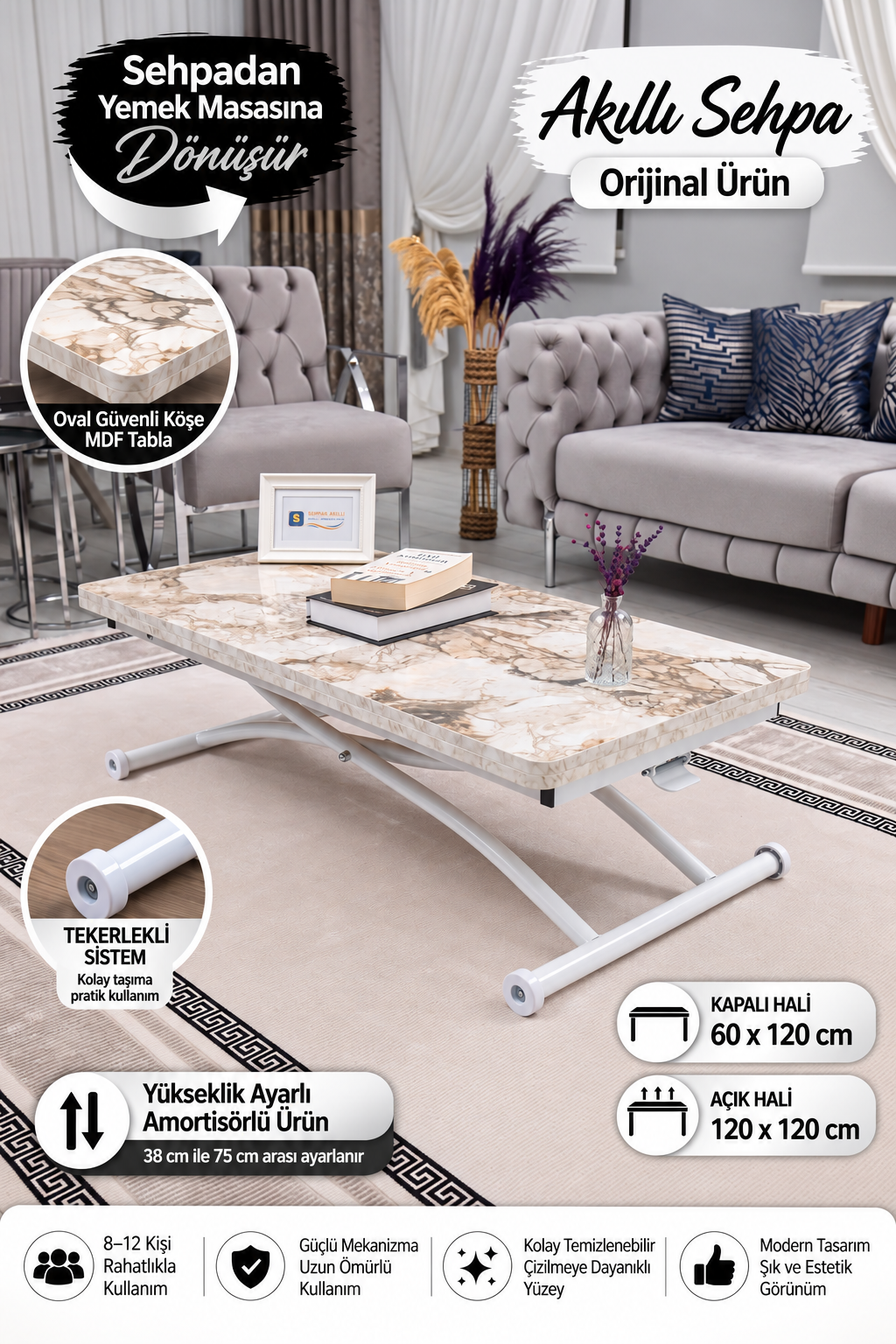 Juppo Smart Coffee Table – White Marble MDF Top & White Outward-Curving Metal Legs