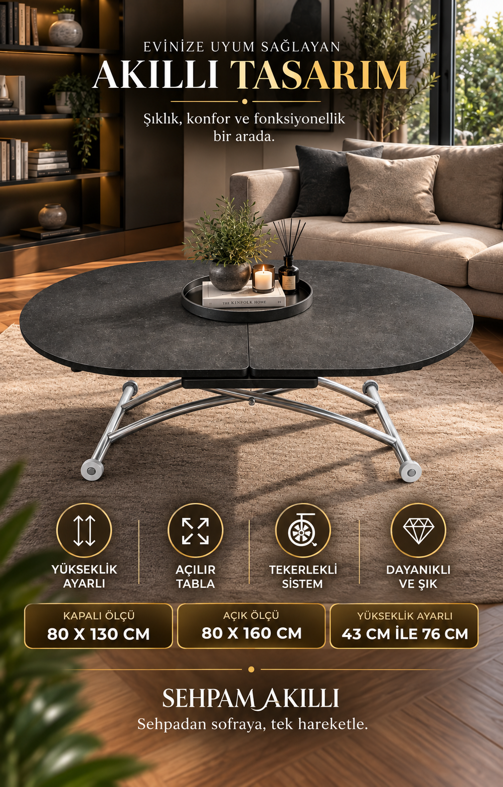Extendable Oval Smart Table | Routered Anthracite MDF & Chrome