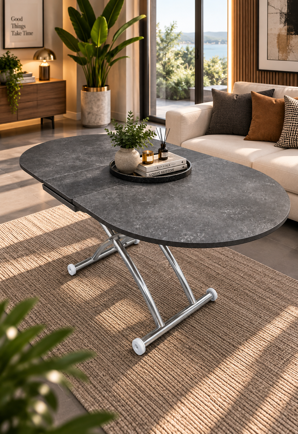 Extendable Oval Smart Table | Routered Anthracite MDF & Chrome