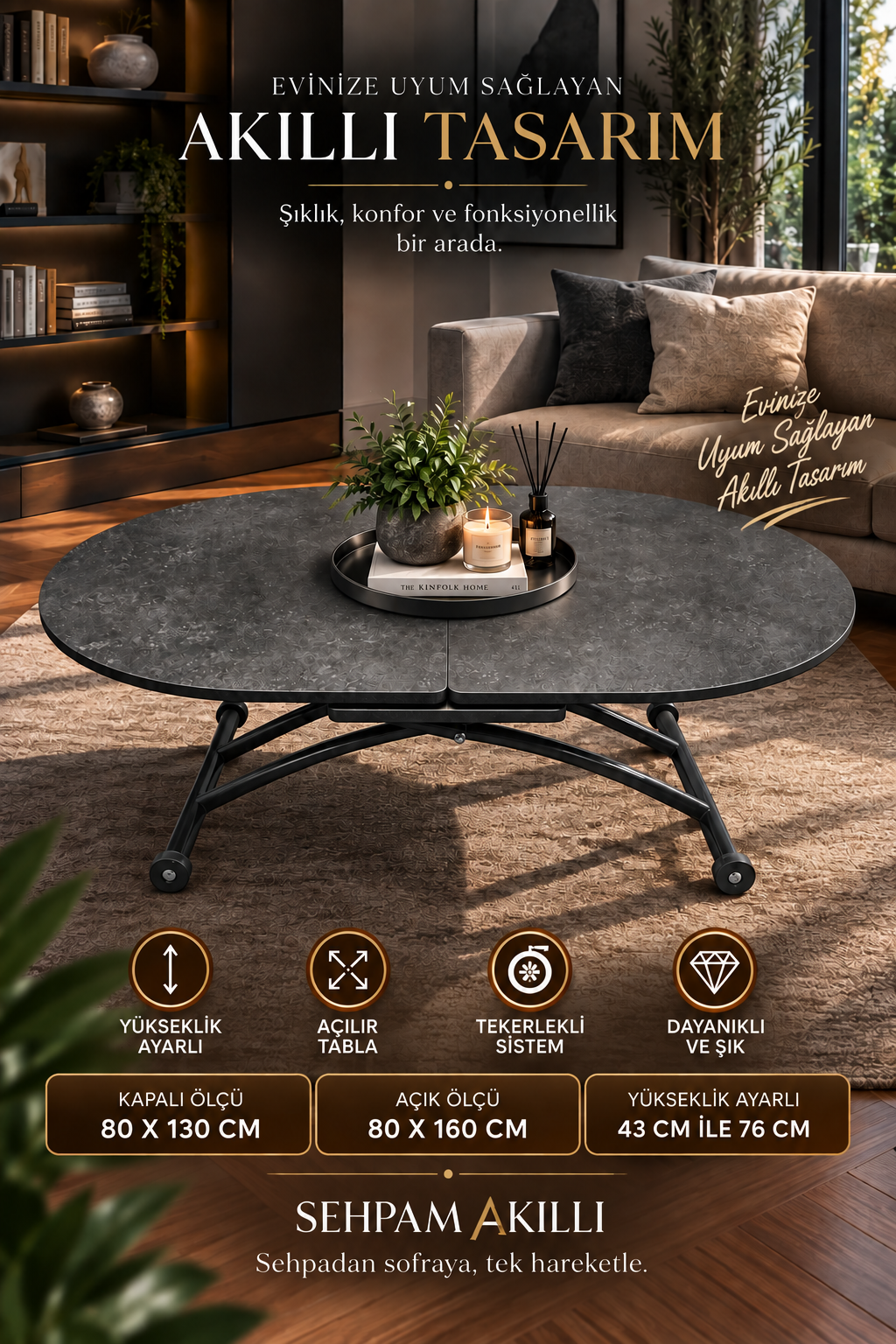 Extendable Oval Smart Table | Anthracite MDF & Black with Milling