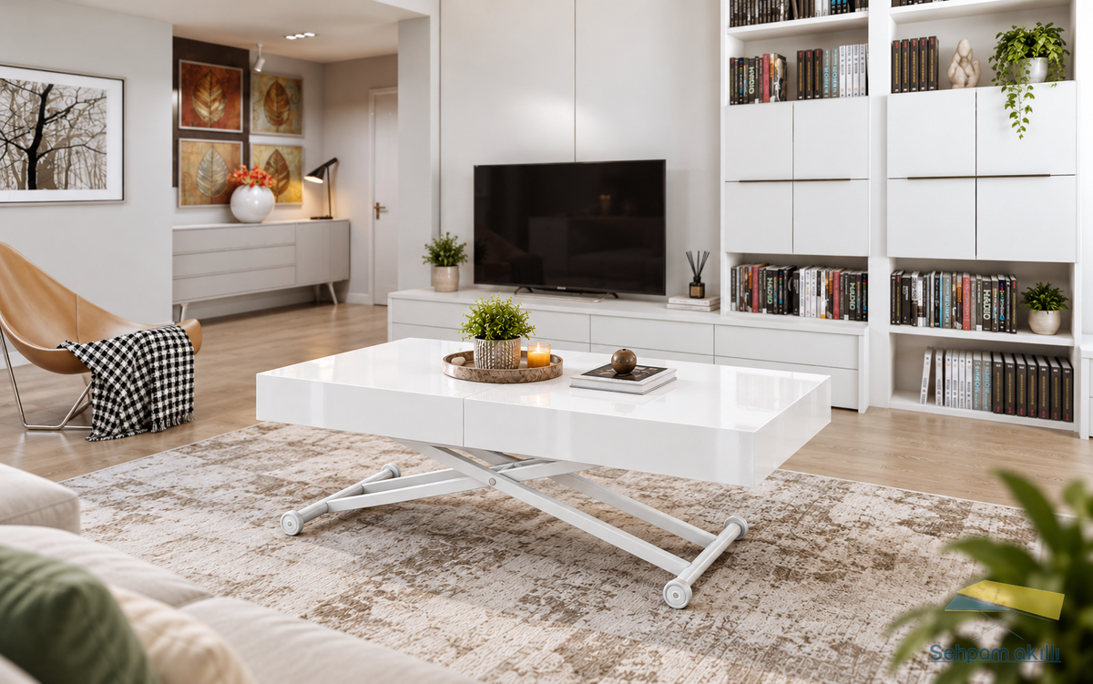 Oval Side-Opening Smart Table | Travertine MDF & Black