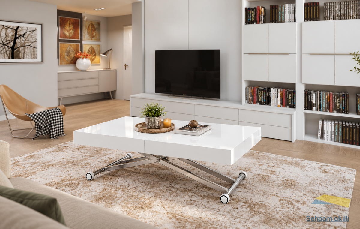 Oval Side-Opening Smart Table | Travertine MDF & Black